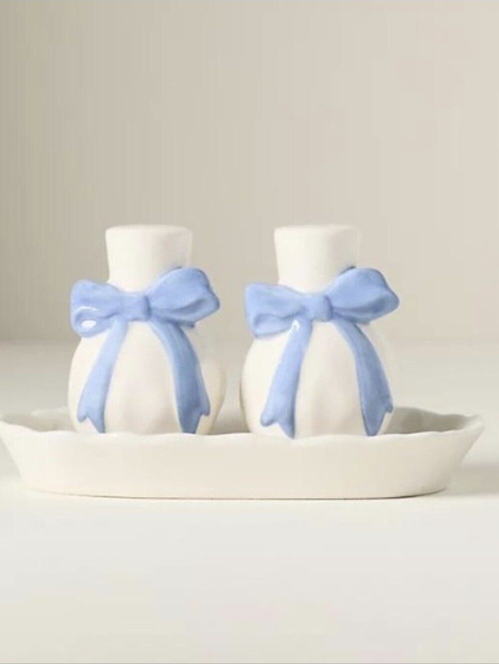 Anthropologie Benedita White Stoneware Salt and Pepper Shakers with Blue Ribbon